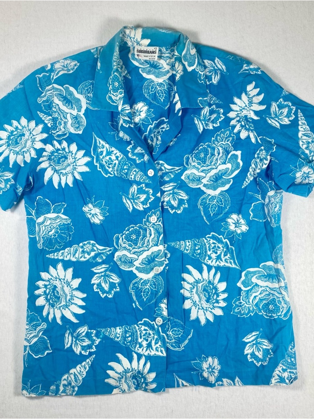 VTG Country Suburbans Blue Teal Floral Beach Button-Front Short Sleeve Shirt